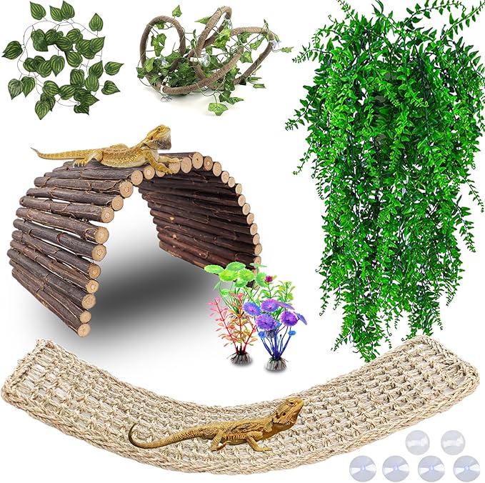Grddaef Bearded Dragon Tank Accessories, Reptile Hideout Bridge Climbing Plants & Jungle Vines and Leaves Terrarium Decoration for Lizard Frog Snake Gecko Crab Chameleon