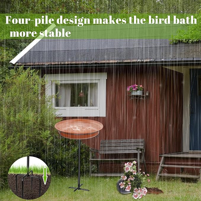 28In Freestanding Birdbaths Bowl Outdoor, Free Standing Garden Bird Bath Bird Feeder Bowl with Metal Stake, Detachable Decoration Spa Birdfeeder for Garden Patio Yard Lawn, 4 Spiky Feet (Brown)
