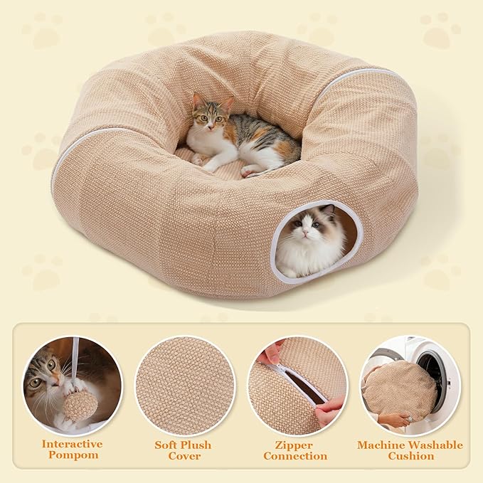 PEQULTI Cat Donut Tunnel with Bed for Indoor Cats, Cat Play Tunnel with Washable Soft Plush Mat, Round Tube Toys Cute Tube for Kittens, Puppies, Rabbits and Ferrets, Beige