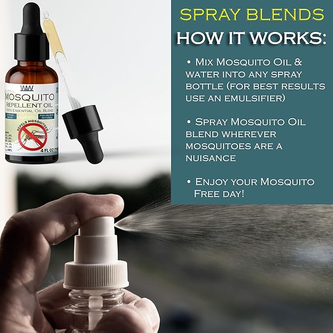 W4W Mosquito Oil - 100% Essential Oil Blend - 4 Oz - Mosquitoes, Gnats & other Flying Insects - for use with Diffusers, Sprays, Lotions, & Soaps - 4 Ounce Dropper Bottle