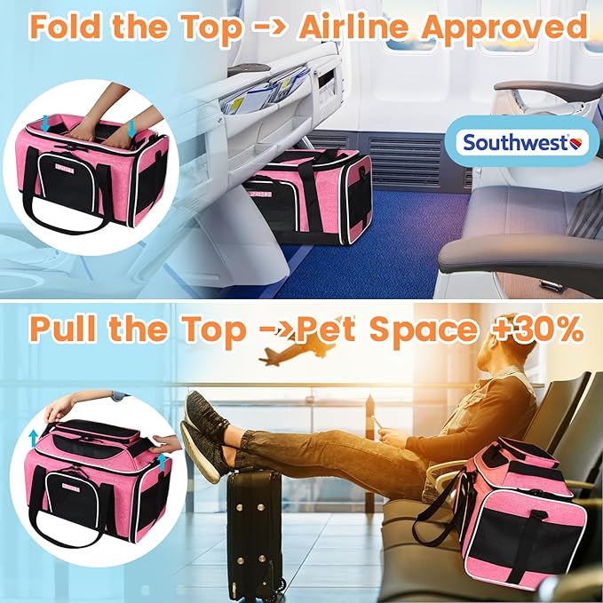 Petskd Top-Expandable Pet Carrier 18x13x9.5 Inches Southwest Airline Approved, Soft-Sided Carrier for Small Cats and Dogs with Locking Safety Zippers and Anti-Scratch Mesh(Pink)