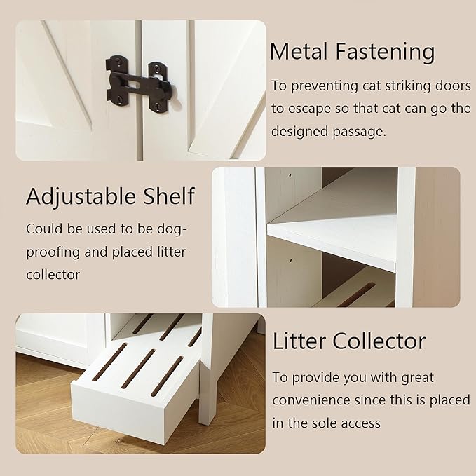 41.3'' Cat Litter Enclosure,Adjustable Shelf for Dog Proof and Storage,Locks Added for Cat, Litter Collector,Small Indoor Cat House,Antique White