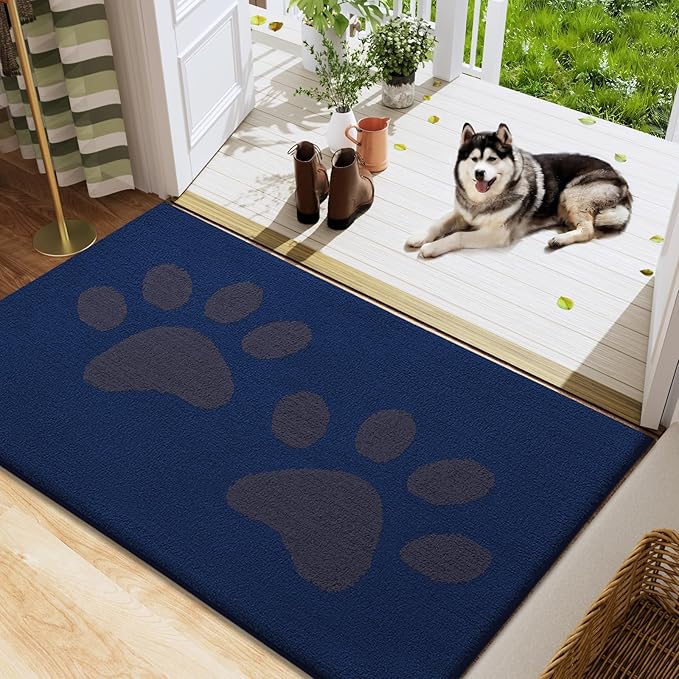 Buganda Dog Door Mat for Muddy Paws, Absorbent Dirt Trapper Washable Indoor Doormats, Non Slip Low-Profile Mud Mat for Dogs, Front Entrance Doormat for Inside Floor (48x30 Inches, Navy)