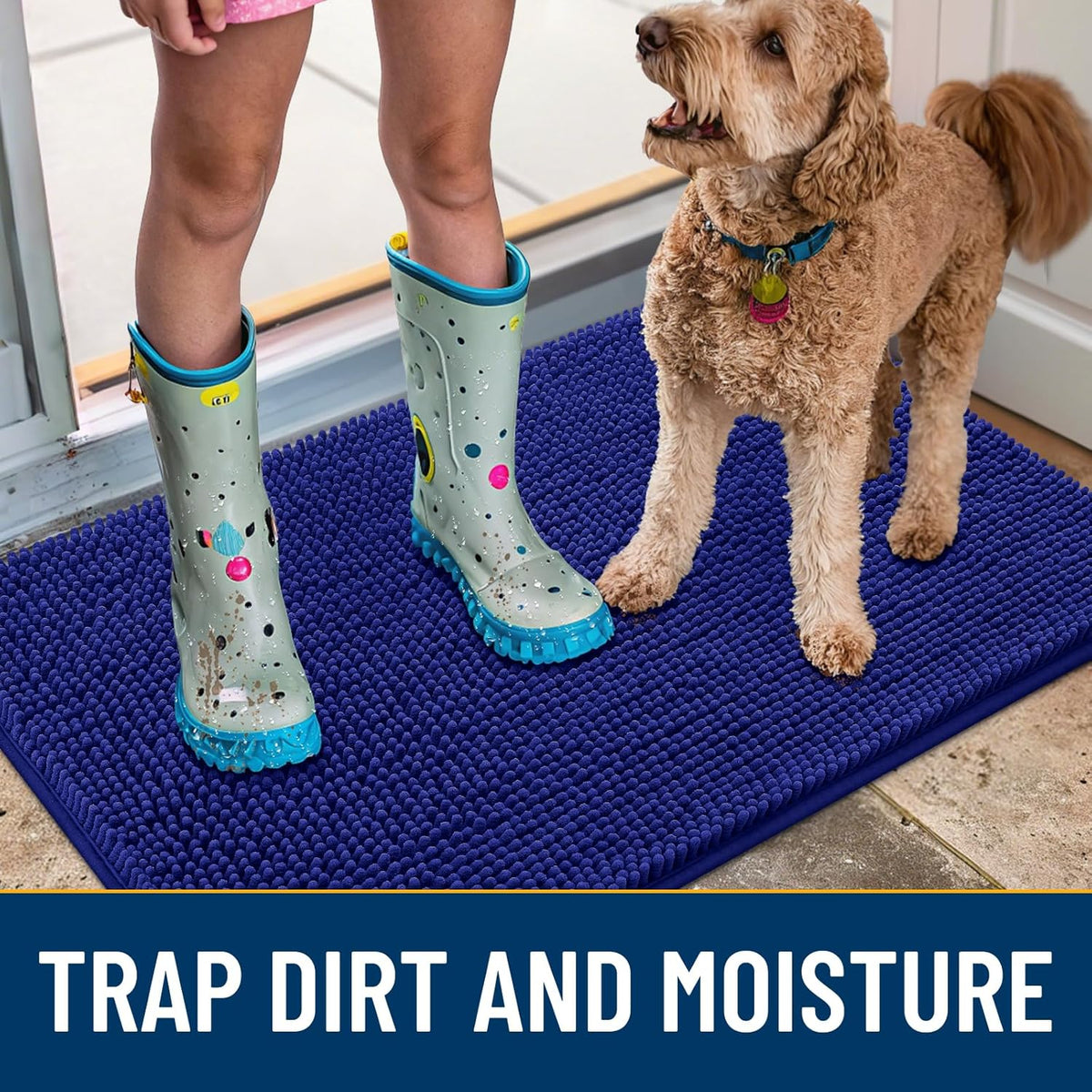 Smiry Dog Door Mat for Muddy Paws 47x32, Absorbs Moisture and Dirt Doormat, Non-Slip Washable Quick Dry Chenille Front Door Mat Indoor Entrance, Entryway Carpet for Inside Floor, Navy Blue