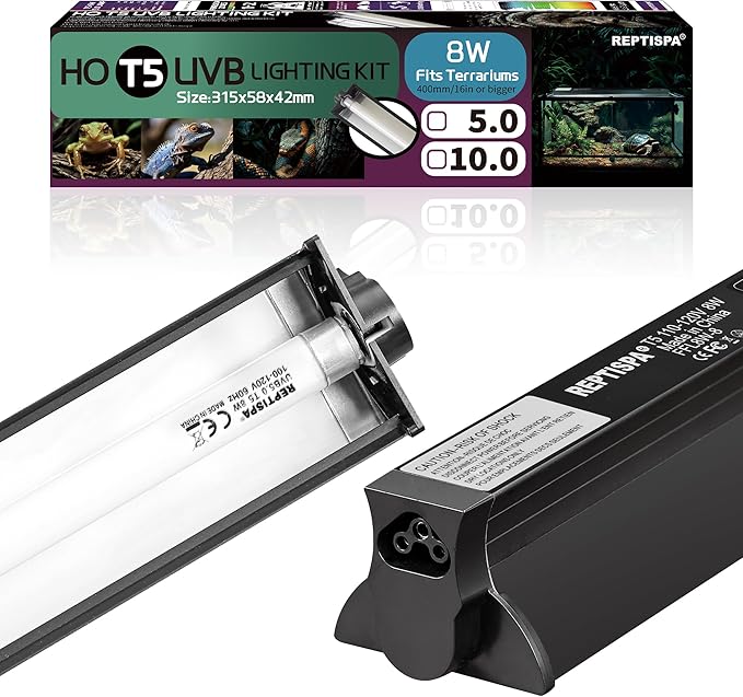 T5 HO UVB Lighting Combo Kit, 8W Reptile Light Fixture with Fluorescent Light Bulbs, Tropical 5.0 UVB Light for Reptiles and Amphibians, Basking Light for Bearded Dragon, High Output Natural Light