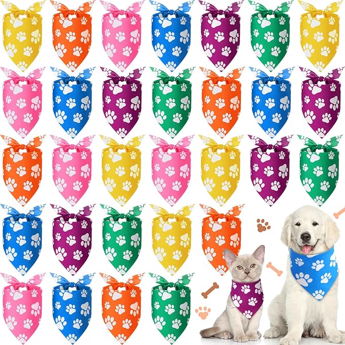 Sanwuta 60 Pcs Colorful Paw Print Dog Bandanas Bulk Soft Triangle Scarves for Pets Party Costume Doggie Walking Photo Props Bibs for Pets Shops Adoption Events National Dog Day Gifts