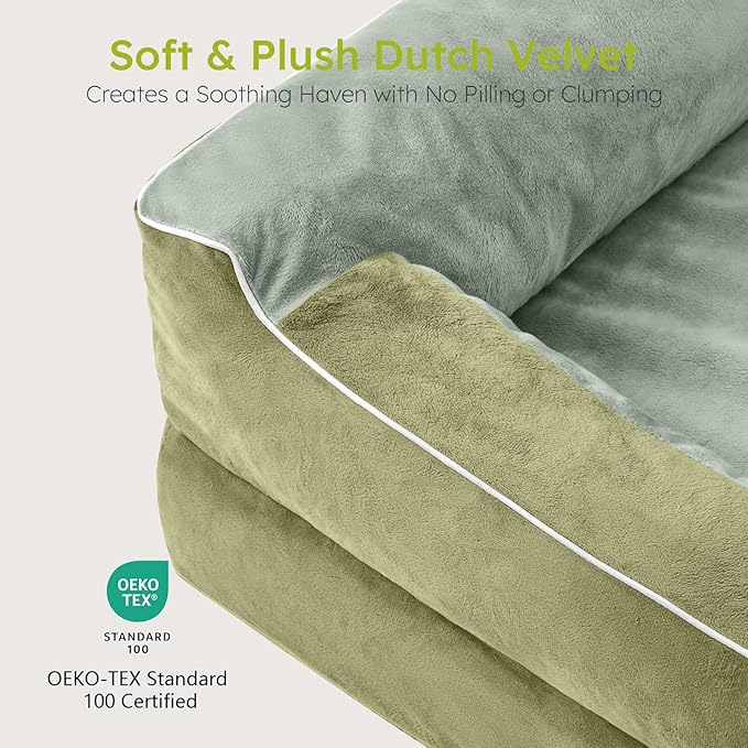 Extra Large Dog Bed, Orthopedic Dog Bed with Cooling Gel Memory Foam, Waterproof XL Pet Bed with Removable Washable Cover, 42" Pet Sofa Couch Dutch Velvet with Bone Toy, Dark Green