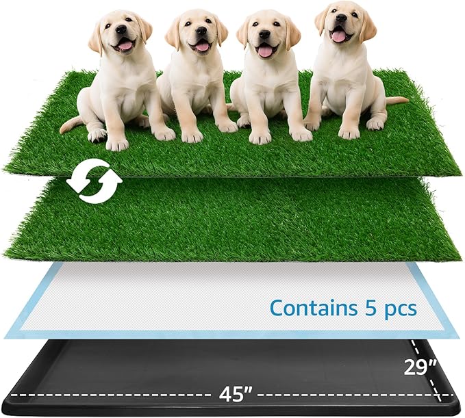 Dog Grass pad with Tray,45”x 29” Indoor Dog Potty with 2 Packs Replacement Artificial Fake Grass-5 Packs Disposable Puppy Pads,for Puppy Training Apartment,Outdoor Use