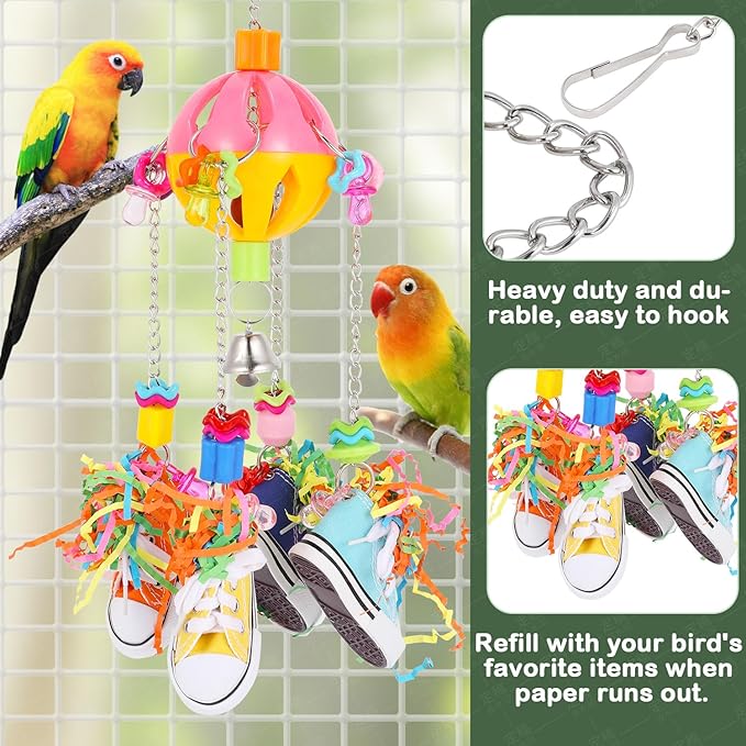 Bird Toys for Parrots and Conures, Colorful Chew Sneakers, Bell Balls, Acrylic Pacifiers, Durable Toys for Small and Medium Birds, Hanging Bird Cage