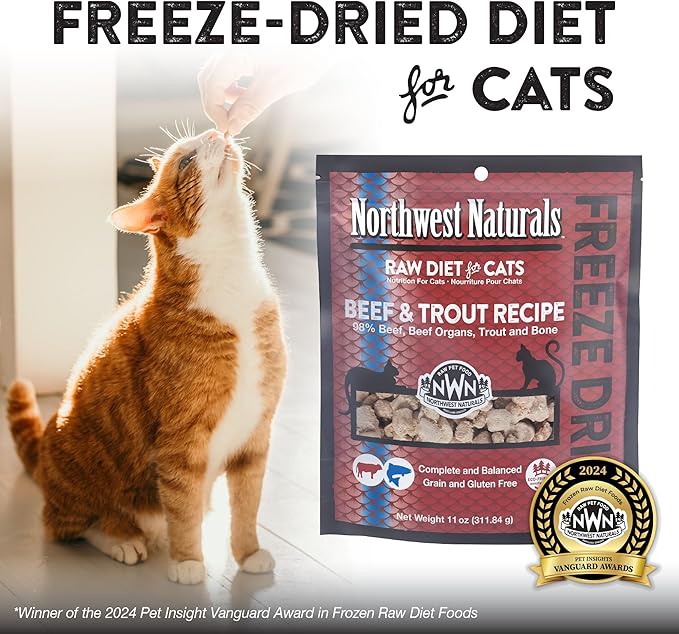Northwest Naturals Freeze-Dried Beef & Trout Cat & Kitten Food – Bite-Sized Nibbles – Healthy, Limited, Human-Grade Ingredients, All-Natural, High-Protein Diet – Complete & Balanced, 11 oz (Pack of 3)
