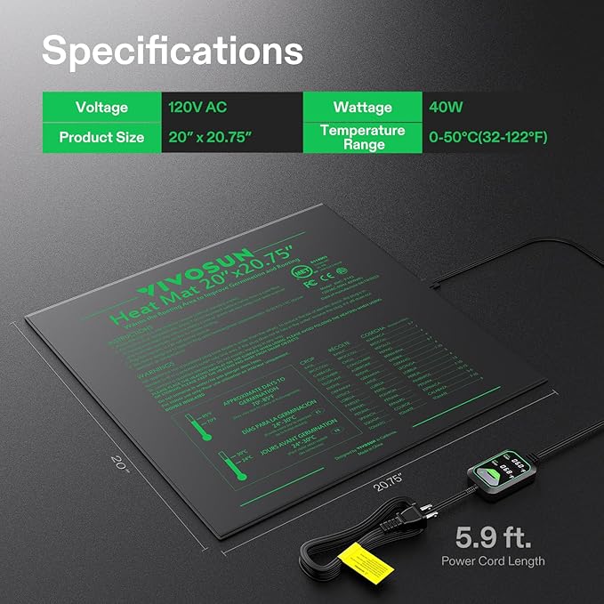 VIVOSUN 20"x20.75" Seedling Heat Mat with Built-in Temperature Controller, UL & MET-Certified Waterproof Plant Heating Pad for Germination, Hydroponics, Brewing, Breeding, and Greenhouses