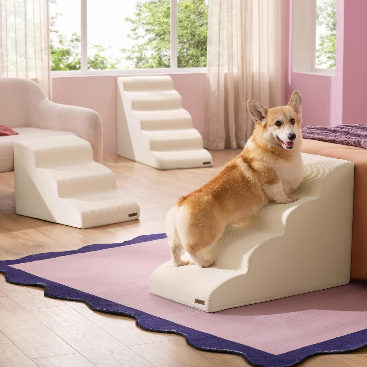 Lesure Dog Stairs for Small Dogs and Cats Pet Steps Ramp for Bed and Couch with CertiPUR-US Certified Foam with Non-Slip Bottom, Beige, 3 Steps
