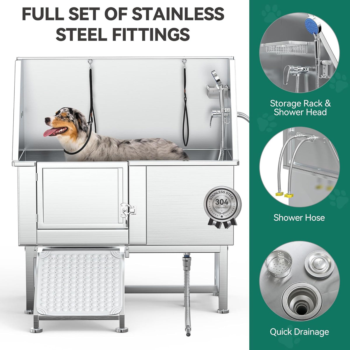 YITAHOME 50in Dog Bathing Station, Professional Stainless Steel 304 Dog Bathtub, Pet Grooming Tub w/Left Ramp, Floor Grate, Faucet, Pet Washing Station for Large, Medium, Small Pets, Indoor, Outdoor
