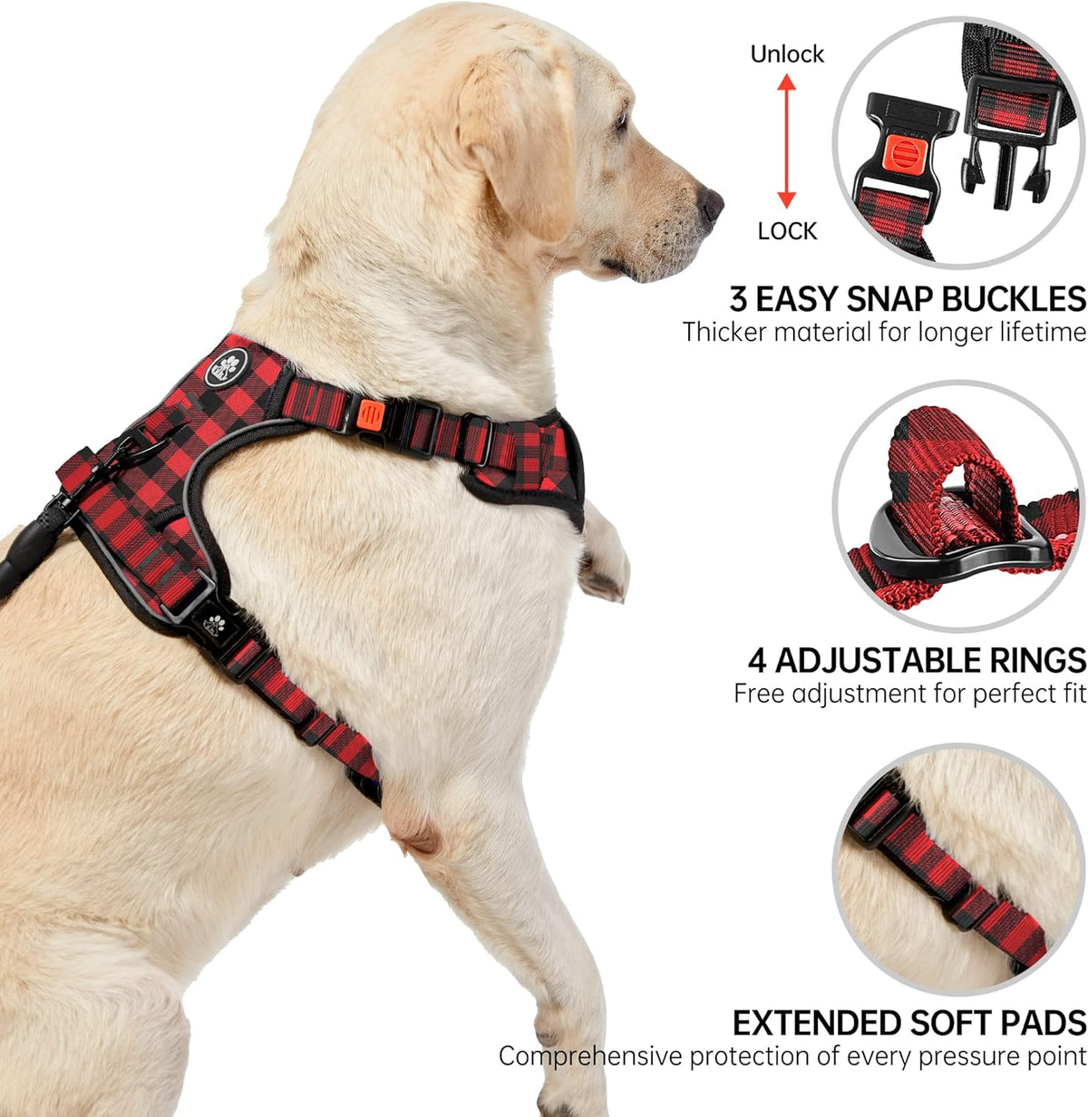 NESTROAD No Pull Dog Harness with Leash, Reflective No Choke Pet Vest Harness,Adjustable Soft Padded Dog Harness with Easy Control Handle for Large Dogs(Checkered Red,X-Large)