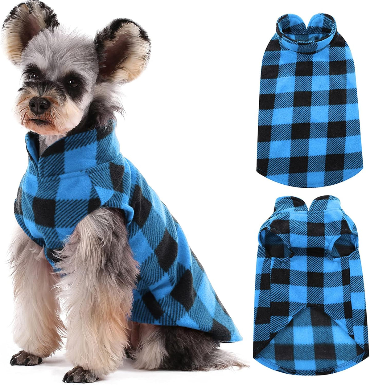 Kuoser Dog Fleece Vest,Warm Plaid Dog Sweater with Leash Hole,Soft Turtleneck Winter Pet Jacket Dogs Coat Pullover Clothes for Small Medium Dogs Cats,Spring Fall Cold Weather Christmas Outfit,Blue XS