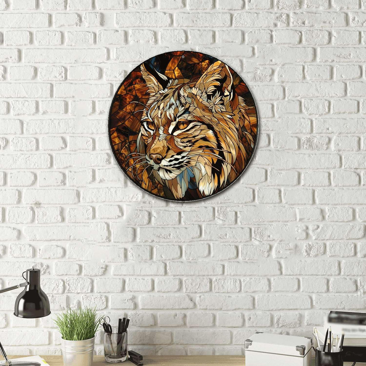 Lygond Metal Sign Tin Sign Circular Stained Glass Bobcat Signs for Garden for Patio 12×12 Inches