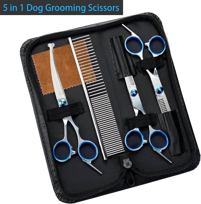 5 in 1 Premium Dog Grooming Scissors, Professional Dog Scissors for Grooming with Safety Round Tips, Lengnoyp Stainless Steel Thinning Shears, Pet Cat Shears for Grooming Kit