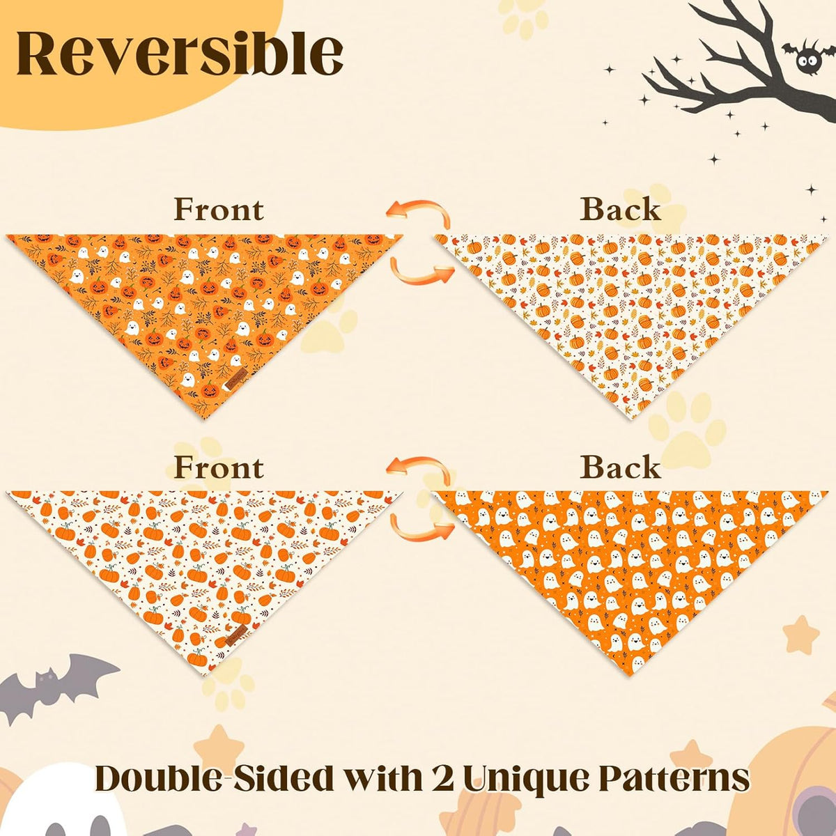 2 Pack Halloween Dog Bandanas,Leather Brand Logo, Double-Layed Soft Skin-Friendly Fabric, Autumn Scarf Accessory for Boys & Girls,Suitable for Halloween, Daily Walks & Family Outings