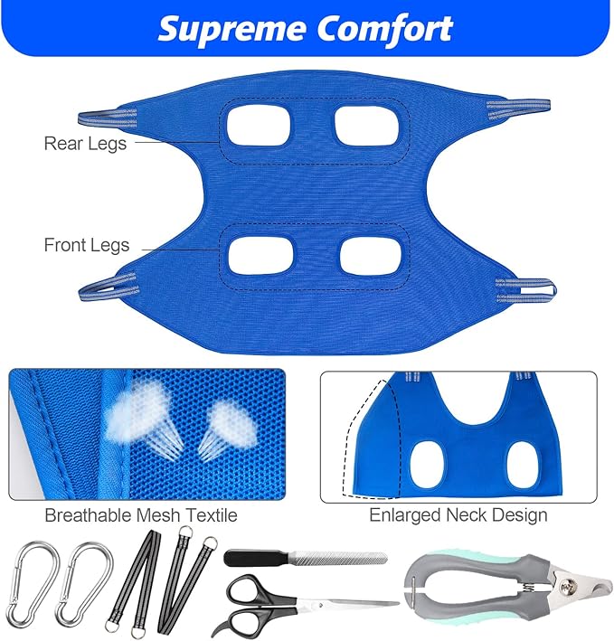 Pet Grooming Hammock Harness for Cats & XS Small Dogs, Dog Sling for Cutting Nails, Dog Hanging Holder Hanger for Nail Trimming with Nail Clippers, Nail File, Scissors