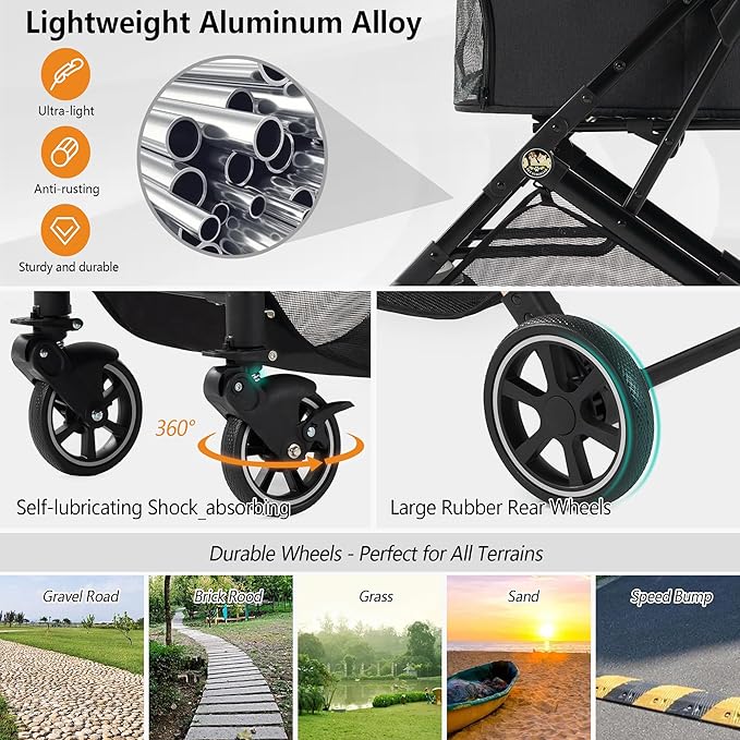 Kenyone 3-in-1 Pet Stroller for Small Medium Dogs Puppy Cat Stroller with Detachable Carrier & Pad Lightweight Foldable Aluminum Alloy Frame Dual No-Zip Entry(Black)