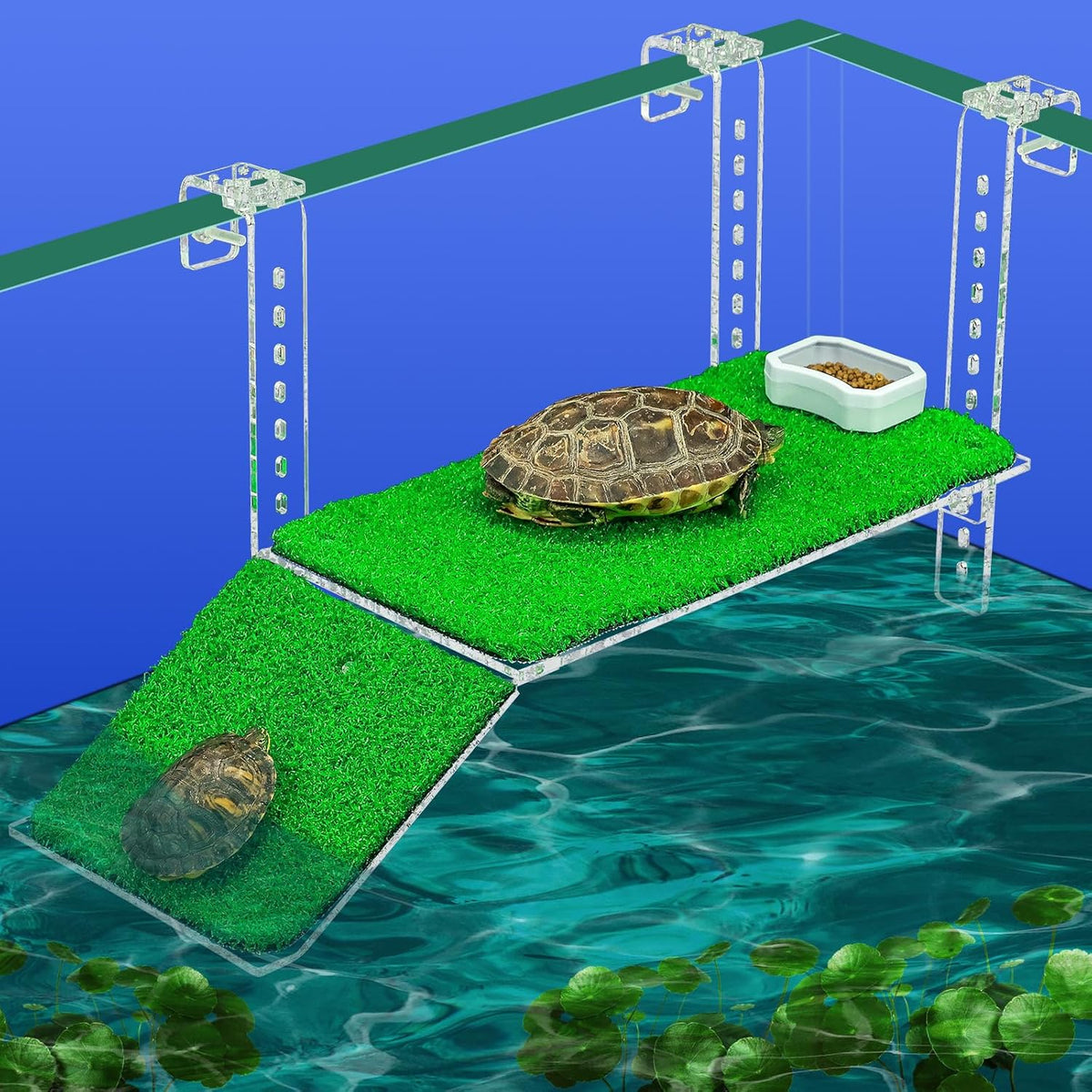 Adjustable Hanging Turtle Dock with Anti-Slip Artificial Grass Basking Platform Sturdy Acrylic Ramp for Aquatic Turtles, Compatible with Various Tank Sizes, Easy Setup Transparent, 13x6.9 Inch