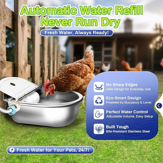 Automatic Animal Drinking Water Bowl with Float Valve, 304 Stainless Steel Kit Includes Bowl, Pipe, 2 Valves, Quick Connector Adapter and Countersunk Bolts. (Auto-Filling)