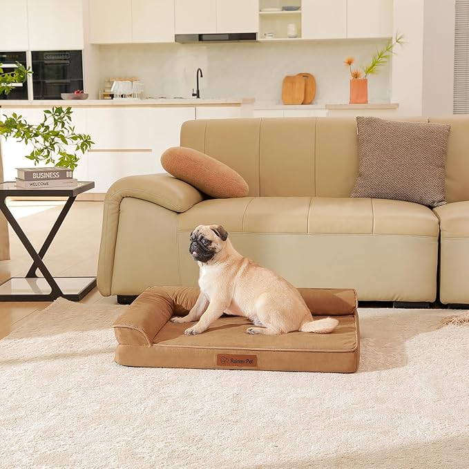 Chew Proof Dog Bed, 3" Memory Foam Dog Bed for Small and Medium Dogs, Removable and Washable Microsuede Cover, Waterproof Liner, Nonskid Bottom, 35x23 Inches M Khaki