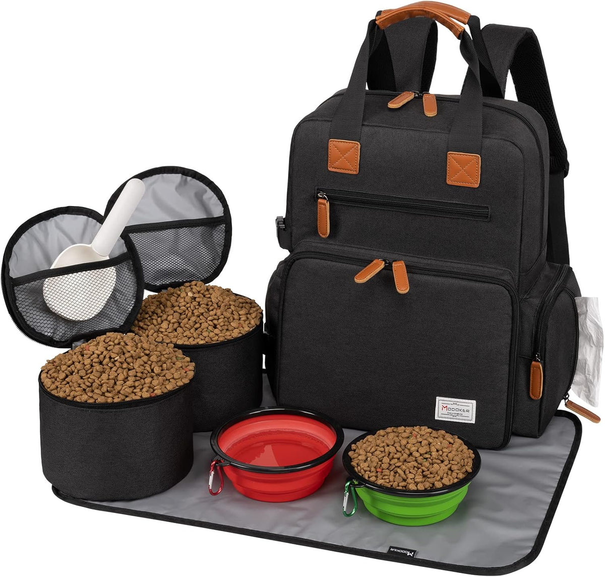 Modoker Dog Travel Bag, Airline Approved Backpack for Pet Accessories Organizer, Tote Weekend Bag with 2 Dog Food Storage Containers, 2 Collapsible Bowls, 1 Pet Mat, Black