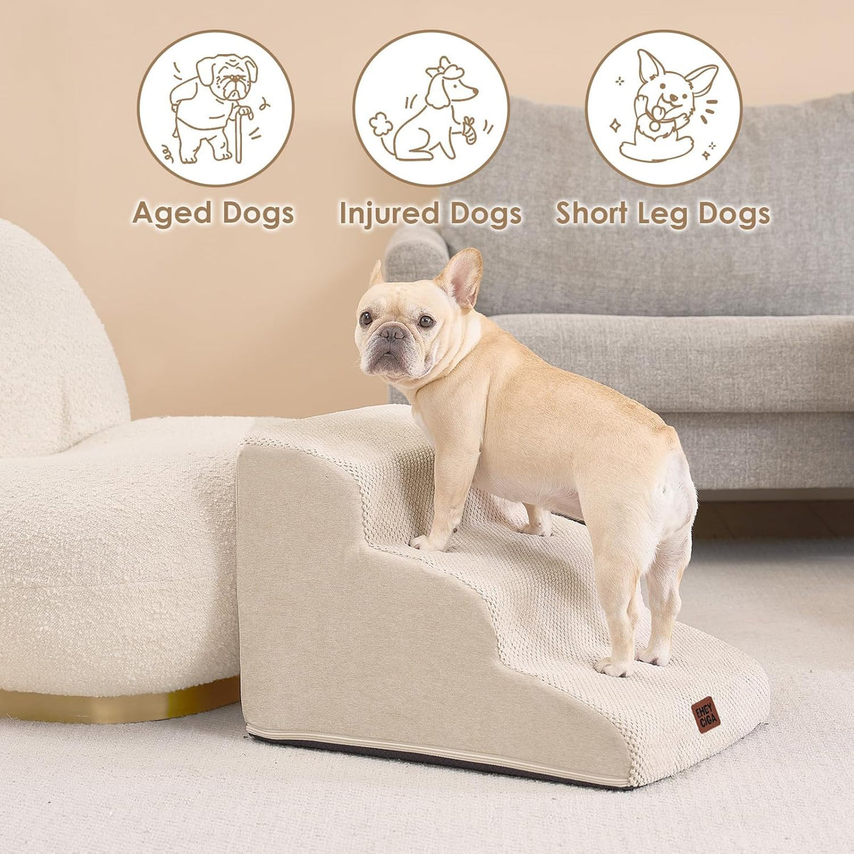 EHEYCIGA Curved Dog Stairs Ramp for Small Dogs 15.7" H, 3-Step Dog Steps for Couch Sofa and Chair, Pet Stairs for Cats, Non-Slip Balanced Pet Steps Indoor, Beige