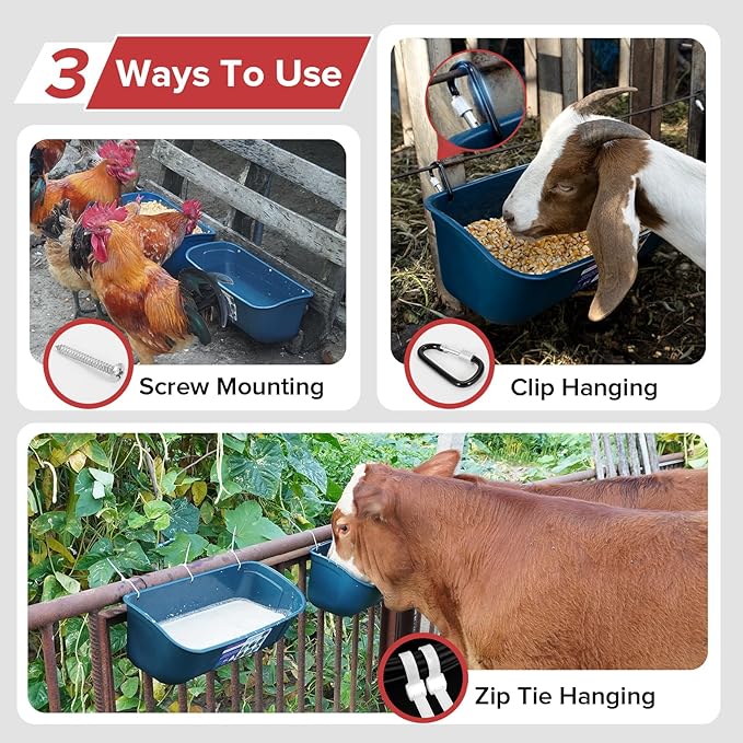 Goovilla Large Feed Trough, Hanging or Screw-in Fence Feeder with Clips, 2 Pack 9 Quart Goat Feeder Supplies, Dog Horse Hog Pig Livestock Poultry Plastic Feeder Trough Bucket for Large Animal, Blue