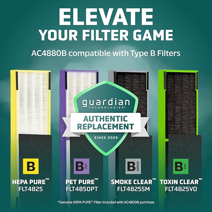 GermGuardian HEPA Air Purifier for Home, Large Rooms Up To 743 Sq. Ft. with HEPA PURE Air Filter, Air Quality Monitor & UV-C Light, AC4880B, 22" Tower, Black