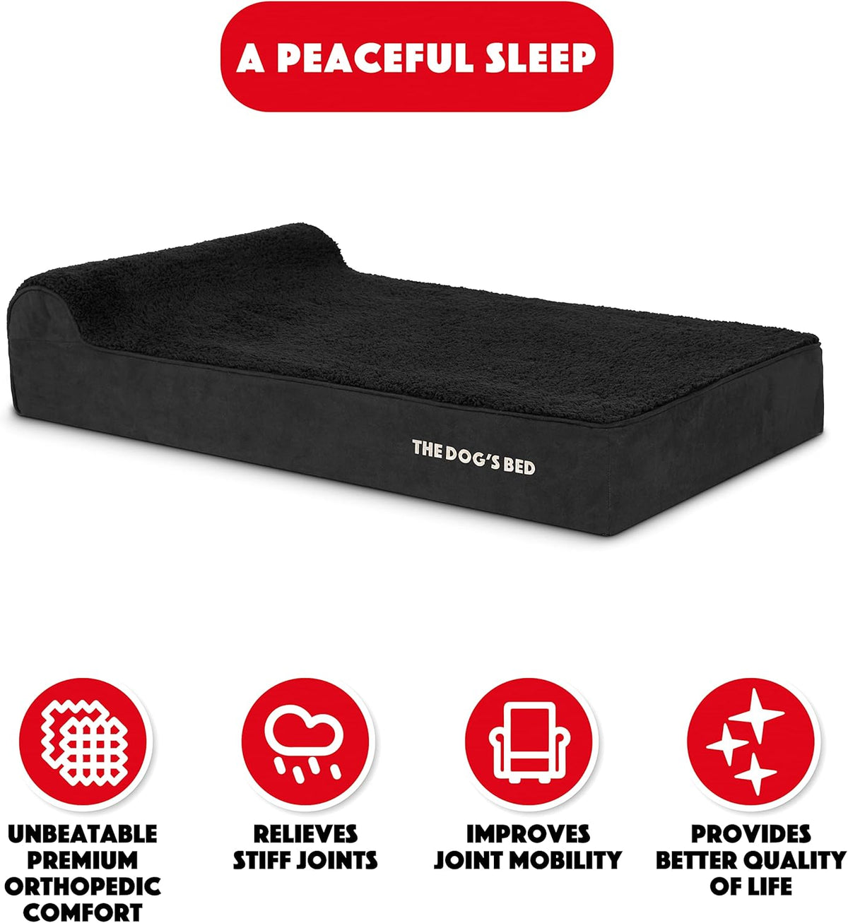 The Dog’s Bed Orthopedic Headrest Dog Bed XL Black Plush 46x28, Memory Foam, Pain Relief for Arthritis, Hip & Elbow Dysplasia, Post Surgery, Lameness, Veterinary Approved, Waterproof Washable Cover
