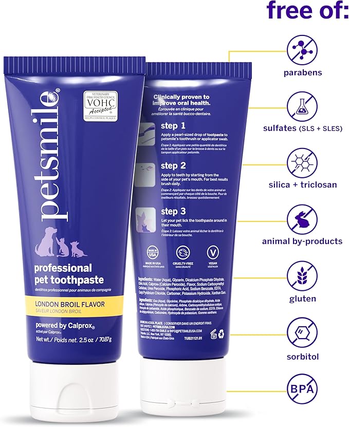 Petsmile Professional Pet Teeth Brushing Kit for Cats & Dogs - Only VOHC Accepted Toothpaste & Patented Toothbrush - Proven to Control Plaque & Tartar Calprox Formula (London Broil, 2.5 Oz)