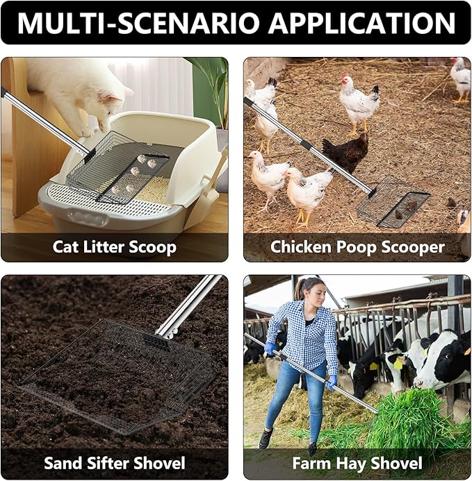 10 Inch Chicken Poop Scooper, Large Metal Chicken Coop Scoop, Chicken Litter Sifting Shovel, Chicken Coop Rake with Retractable Stainless Steel Handle, Chicken Coop Cleaning Tools Accessories