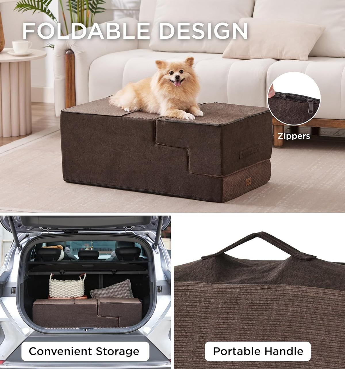 Made4Pets Dog Steps for Bed, Extra Wide Dog Stairs for High Bed Couch Sofa, 35D Foam Pet Steps for Small Dogs and Cats, Non-Slip Bottom Pet Stairs, Brown, 4 Steps
