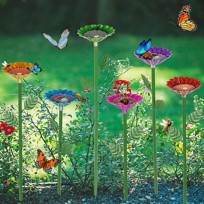 6 Pack Bee Watering Station, Bee Bath for Garden Metal Bee Water Feeder with Flower Design, Colorful Butterfly Bee Bath Bowl for Outdoor Garden Yard Decor