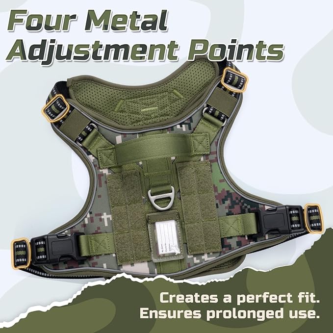 rabbitgoo Tactical Dog Harness for Large Dogs, No Pull Military Service Vest with Handle & Molle, Easy Control for Training Walking, Adjustable Reflective Straps, Green camo, XL