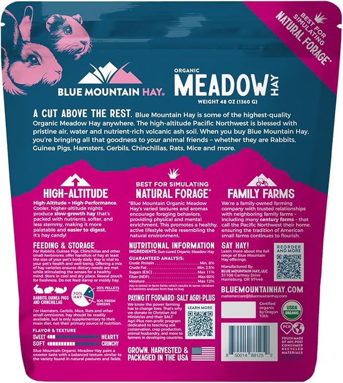 Blue Mountain Hay | Fresh Organic Meadow Hay (48 Ounce) | Mimics Natural Forage | High-Altitude Hay Pet Food for Rabbits, Guinea Pigs, Chinchillas, Hamsters, and Other Small Pets