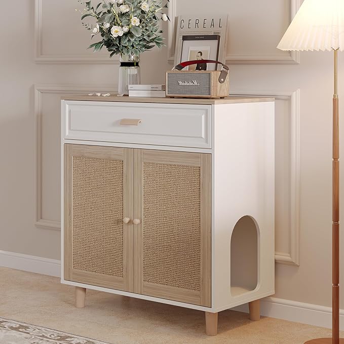 Cat Litter Box Enclosure Furniture Hidden Indoor 2-in-1 Wooden Cat House & Washroom Cabinet with Scratching Board Doors and Drawer, 31.5"x15.7"x34.6"H