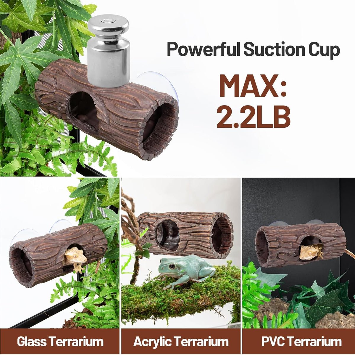 Reptile Hide, Resin Hollow Log Hideout with 2pcs Powerful Suction Cup, Reptile Tank Accessories Climbing Toys Terrarium Hideaway Caves Decor for Gecko, Lizard, Snakes, Hermit Crabs, Forgs