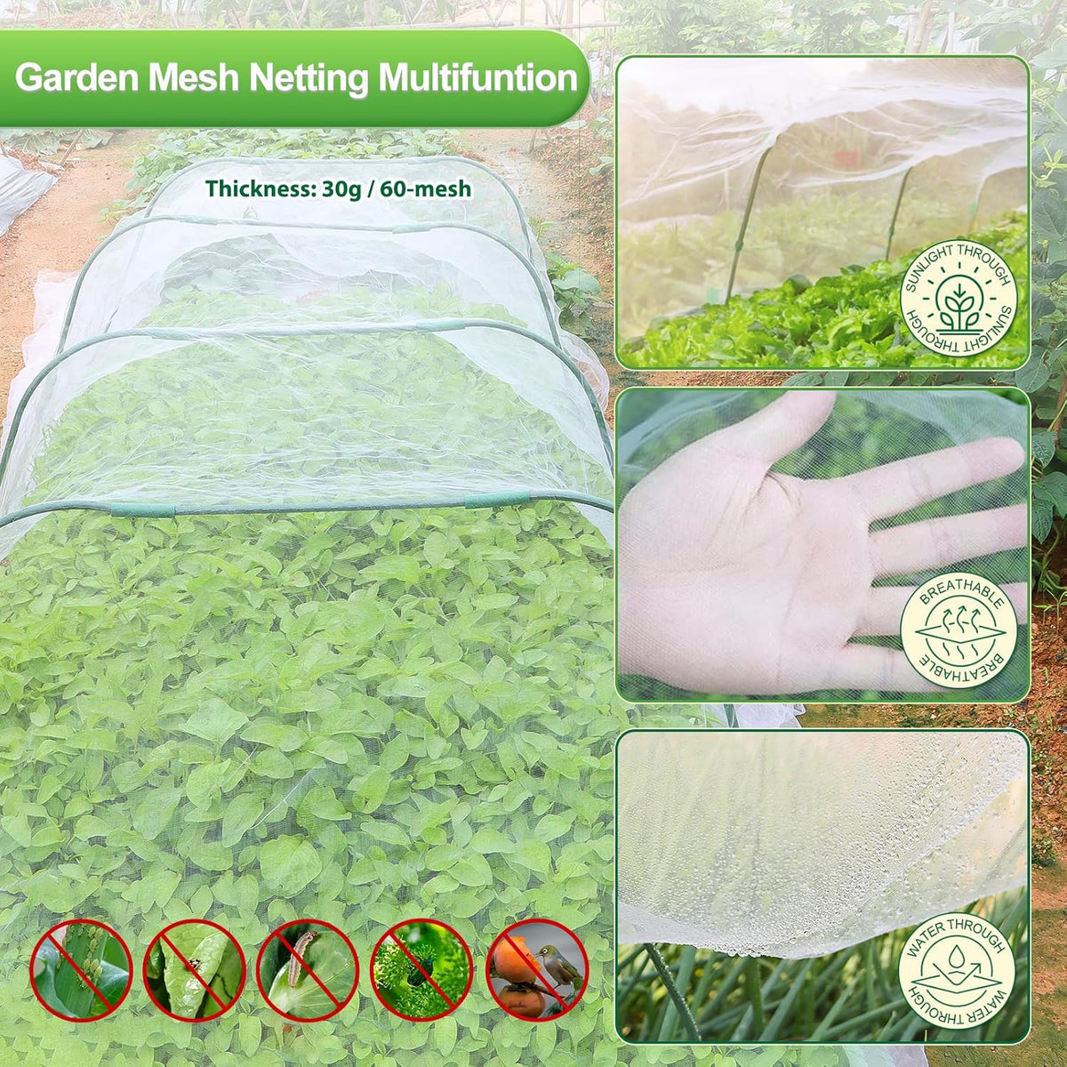 Garden Netting Kit, 10X30 Ft Garden Ultra Fine Mesh Net Bird Barrier Protection with Garden Hoops for Protect Garden Vegetables Flowers Shrubs Fruit Trees Indoors & Outdoors Plant Beds Greenhouse