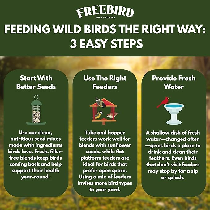 Wild Bird Seed for Outside Feeders by Freebird - Premium Songbird Blend with Sunflower, Safflower, Peanut Pieces, Red Millet and White Millet for Cardinals, Finches, and Colorful Wild Birds - 5lb Bag