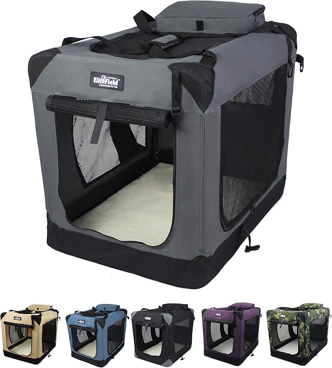 EliteField 3-Door Folding Soft Dog Crate with Carrying Bag and Fleece Bed (2 Year Warranty), Indoor & Outdoor Pet Home (30" L x 21" W x 24" H, Gray)