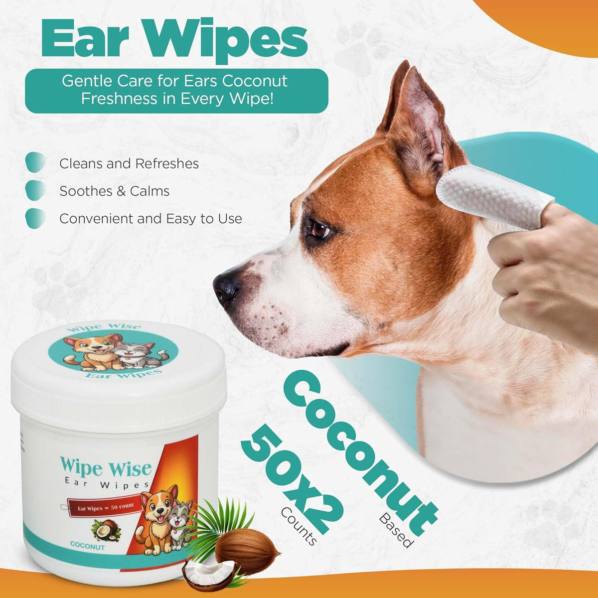 100 Pet Wipes (8x8'' Unscented) - 100 Ear Wipes (Coconut) - 50 Dental Wipes (Mint Infused) for Dogs & Cats, 250 Wipes, Alcohol-Free, Safe & Gentle- Great Value Bundle, Pet Care