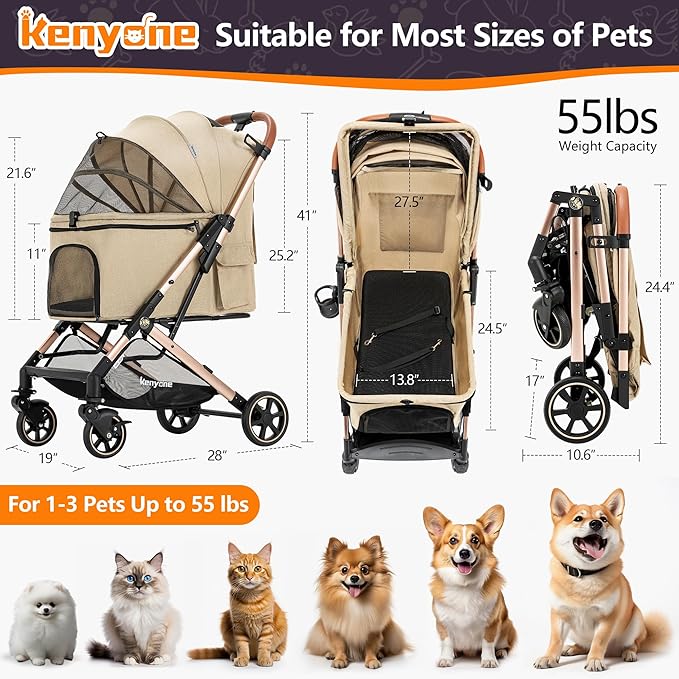 Medium Dog Stroller, Kenyone Pet Stroller for Medium Dogs Up to 55lbs, Lightweight Aluminum Frame, One Click Folding, Large Cat Stroller with No Zip Entry, Detachable Mesh, Multiple Pockets