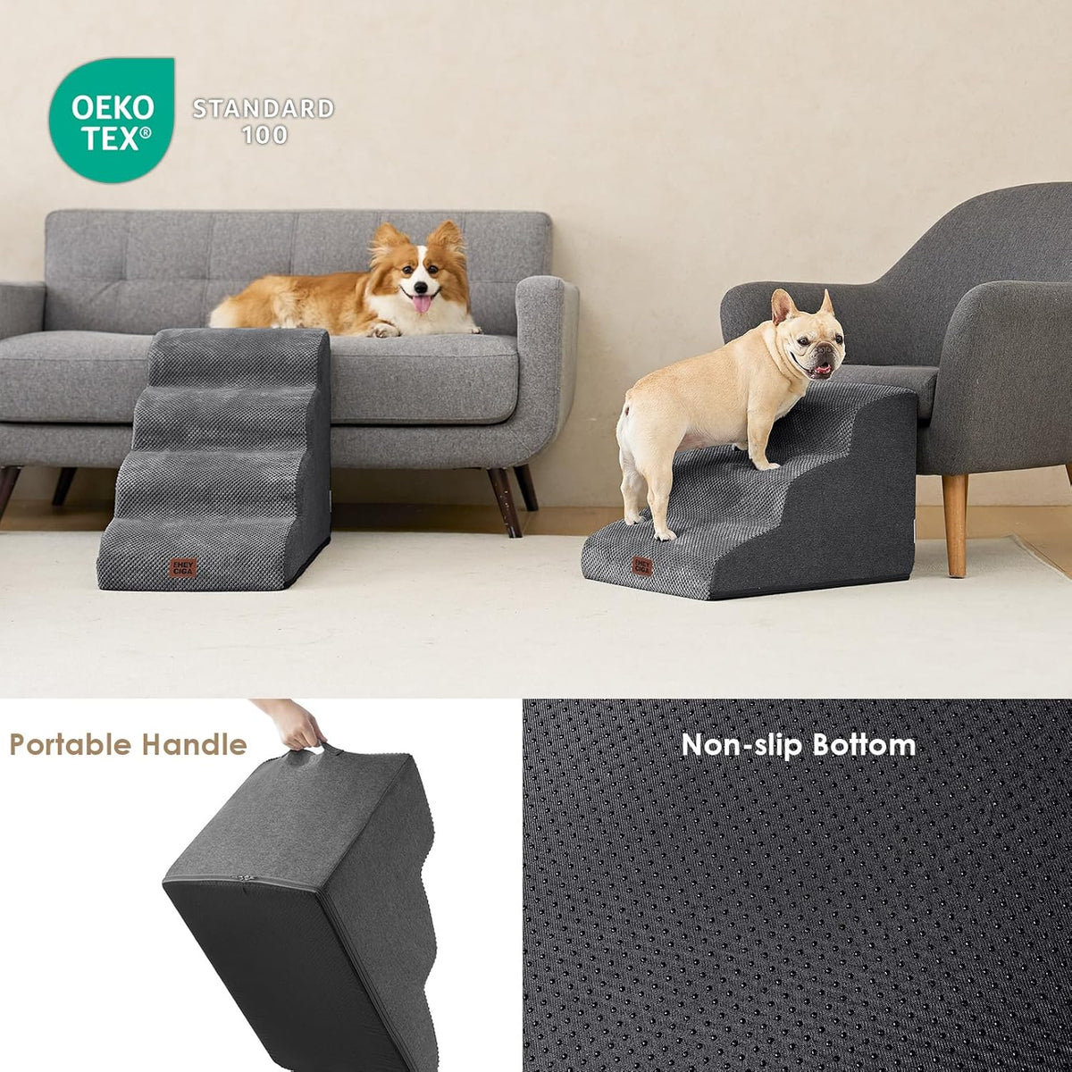 EHEYCIGA Curved Dog Stairs Ramp for Small Dogs 15.7" H, 3-Step Dog Steps for Couch Sofa and Chair, Pet Stairs for Cats, Non-Slip Balanced Pet Steps Indoor, Grey