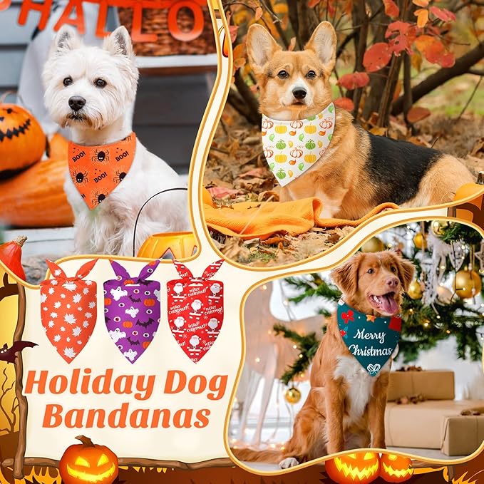 Chunful 30 Pcs Holiday Dog Bandanas Bulk for Fall Thanksgiving Halloween Christmas with Maple Leaves Pumpkin Ghost Snowman Adjustable Triangle Pet Scarf for Small Medium Large 25.6 x 17.7 x 17.7 in