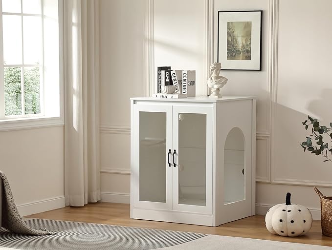 Cat Litter Robot Enclosure with Cat-Observant Glass Doors,Litter Robot Cabinet with Cozy LED for Cats,Reversible and Optional Entry(Left or Right),Power Outlet for More Choice, (White)