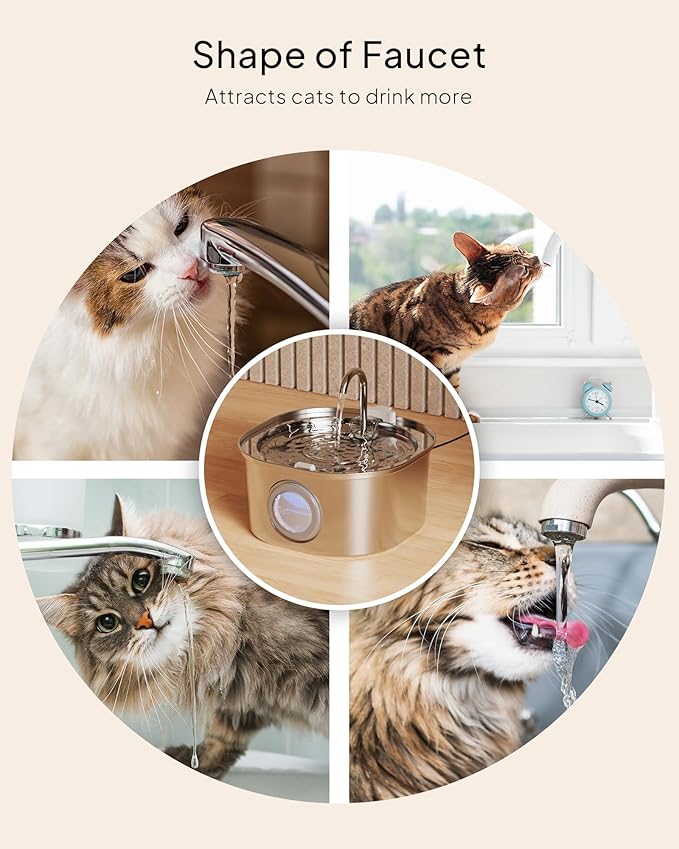 PEKTACO Cat Water Fountain, Pet Water Fountain for Cats/Dogs Indoor, Stainless Steel Cat Drinking Fountains with Water Level Window and 3 Filters + 3 Sponges(3.2L/108oz)