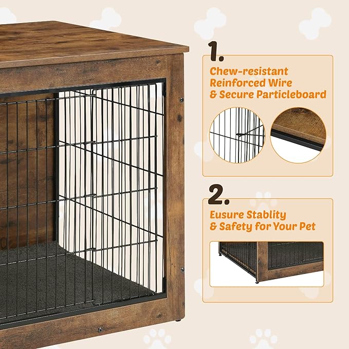 Dog Kennel Furniture, Wooden Dog Crate End Table, Heavy Duty Dog Crate, Decorative Pet Crate Dog Cage for Large Indoor Use (Rustic Brown) 27" L×20" W×23" H